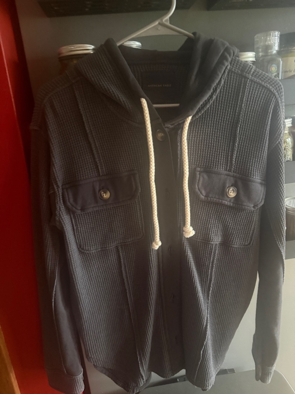 American Eagle Outfitters Dark Navy Waffle-Knit Hooded Zip-Up Sweater